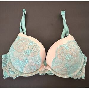 Victorias Secret Dream Angels Push Up Bra Green Gold Lace Sz 32C Lined Underwire